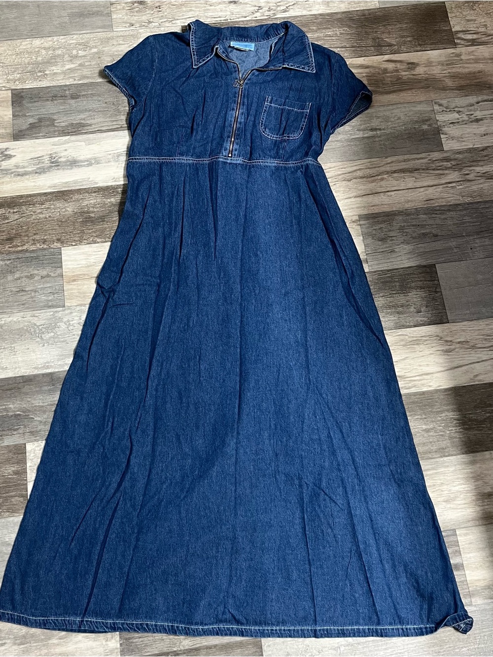 Meg Lauren dark wash denim short sleeve maxi dress